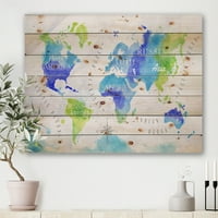 Designart' Karta Svijeta u plavoj i zelenoj boji ' moderni Print na prirodnom borovom drvetu