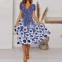 Ležerne haljine za žene labave kratke rukave s V-izrezom srednje dužine cvjetni Datum a-Line haljina Plava