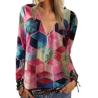 Žene Casual dugi rukavi s geometrijskim printom majice Vintage Old Fashion V-izrez Zip ženski vrhovi bluze
