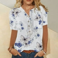 Žene Shirts ljeto labave Fit grafički kratki rukav Henley Shirt Casual posteljina dugme down tunika Tops