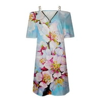 Clearsance Ljetne haljine za žene kratki rukav tiskali slatki mini a-linijski odmor Halter haljina plava