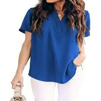 Enquiret ženske majice V izrez šifon bluza kratki rukav puni boja casual top, bijeli, xxl plavi xl