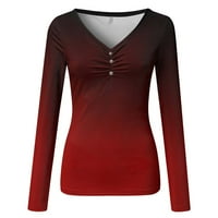 Thirts majice za žene modni V rector gumb gradijentni pringting dugih rukava bluze majice crvene s