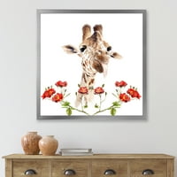 Portret žirafe dizajne sa crvenim cvjetovima I 'Farmhouse uokvirena umjetničkim otiskom