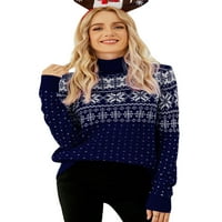 Musuos ženski božićni pahuljivi pleteni džemper s dugim rukavima s visokim vratom Print Božićni pulover