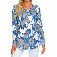 Ženski vrhovi elegantni ženski modni štampani Casual V-izrez Dugi rukav labava majica bluza vrhovi svijetloplavi
