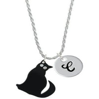 Delight nakit akrilna sjedeća crna mačka s kristalnim očima Silvertone Script početni Disk-C-Charm ogrlica,