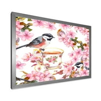 Designart' Tea Cup Birds and Pink Flowers ' tradicionalni uokvireni umjetnički Print