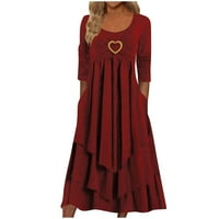 Gotyou Haljine ženska modna casual puna boja okrugla vrat dugačka srca nepravilna haljina s dugim rukavima s džepovima crvene s