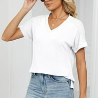 Lovskoo ljetni vrhovi za žensku košulju trendi kratki rukav V-izrez izdubljeni rekreativno bijeli