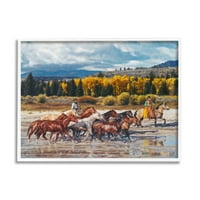 Stupell Industries Cowboys Galloping River Landscape Životinje i insekti Slikanje Bijelo UKLJUČENO Art